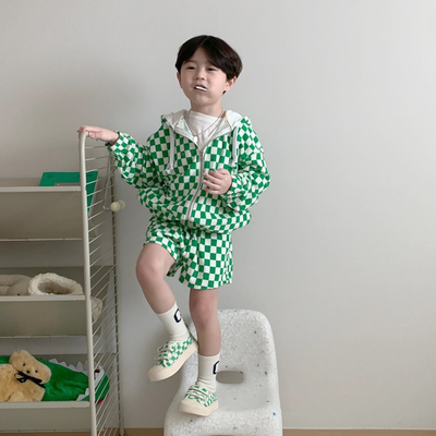 AMA▶BabyWe韩国代购儿童棋盘格拉链衫连帽外套格子短裤男宝套装
