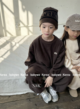 NRK▲BabyWe韩国代购童装25冬季儿童字母NY绒布卫衣卫裤休闲套装