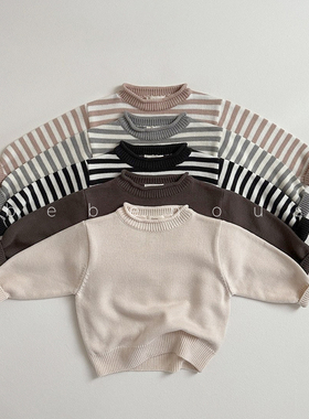 digreen▲BabyWe韩国代购童装儿童秋冬日系卷边领毛衣条纹针织衫