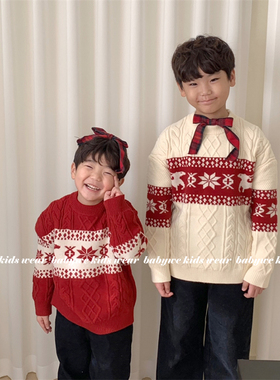 Lewan▲BabyWe韩国代购童装节日氛围感亲肤提花雪花麋鹿套头毛衣