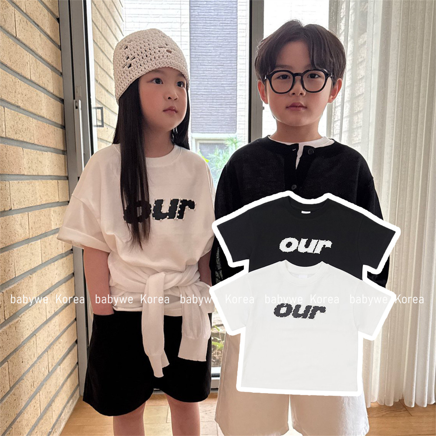 OUR▶BabyWe韩国代购简约大牌感无感钉珠字母夏季儿童纯棉短袖t恤