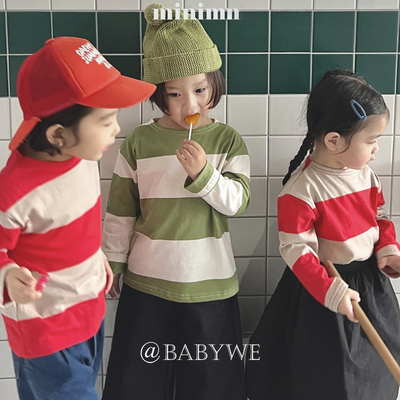 minimal▶BabyWe韩国代购童装儿童撞色宽条纹纯棉长袖t恤宽松上衣