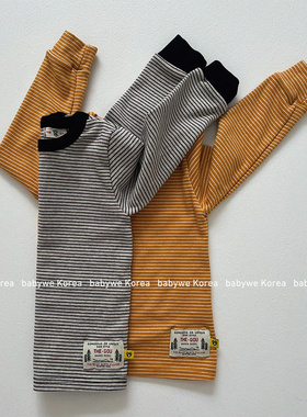 GOU▲BabyWe韩国代购25冬新儿童logo标签加厚弹力条纹长袖t恤
