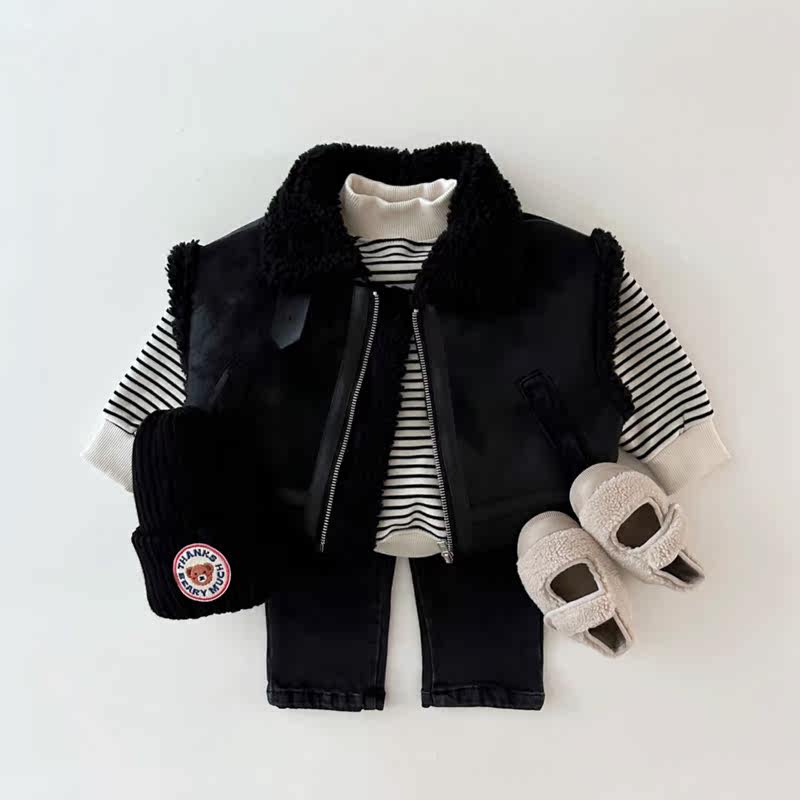 Dailybebe▲BabyWe韩国代购儿童冬季羊羔毛麂皮绒机车马甲外套