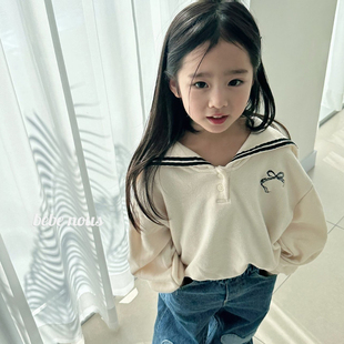 Hans▲BabyWe韩国童装女童春季新款纯棉海军风蝴蝶结翻领卫衣