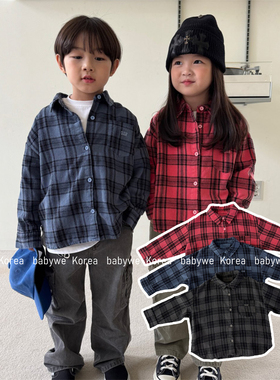 OUR▶BabyWe韩国代购童装25秋儿童日系阿美咔叽复古格子长袖衬衫