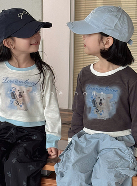 bebenous▲BabyWe夏季女童无感印花K歌的马尔济斯狗狗拼色长袖T恤