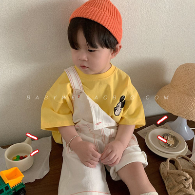 UR▶BabyWe韩代童装男童夏季裤子柔软纯棉中裤儿童薄款牛仔背带裤