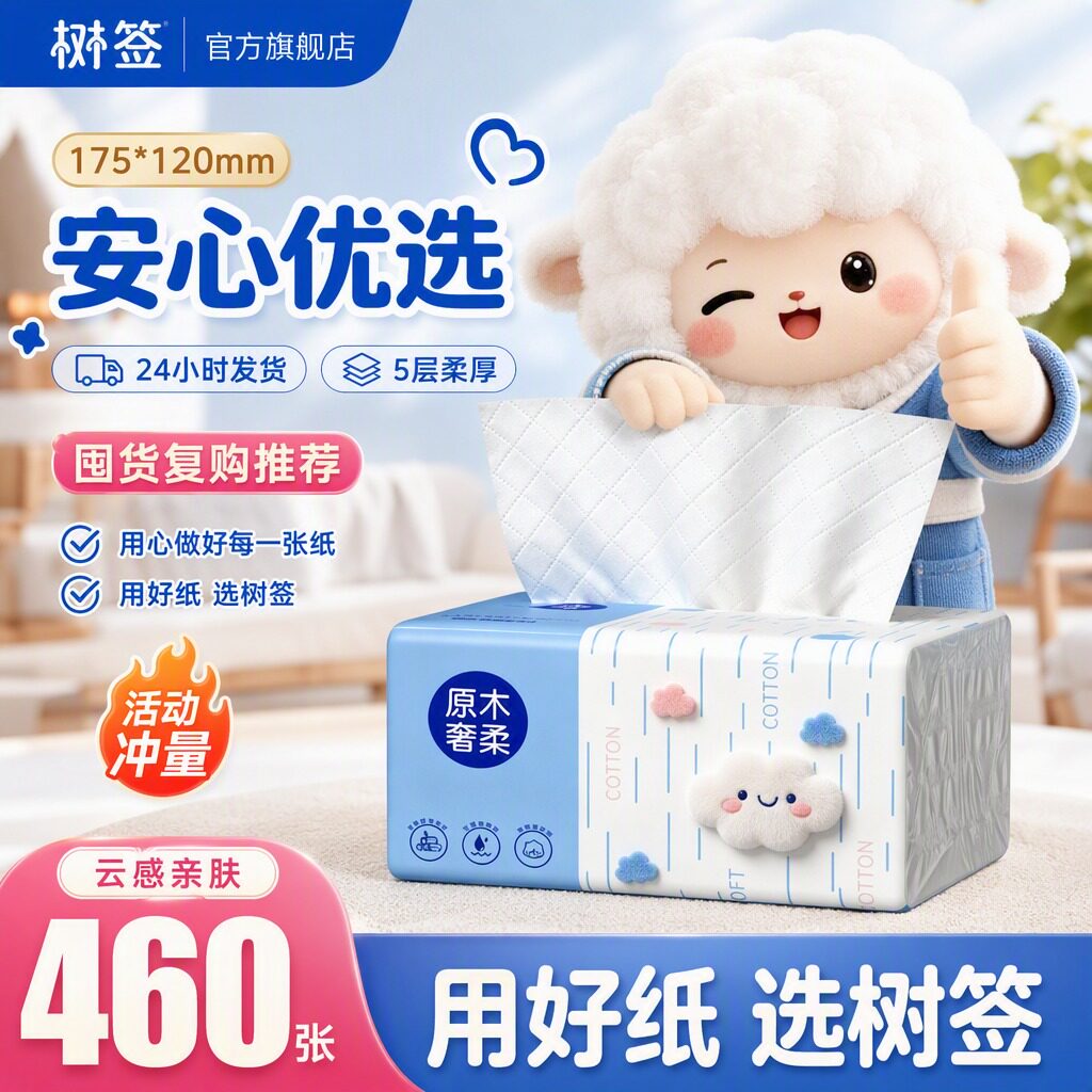 【460张大包装】树签云朵加量实惠装家用擦手餐巾纸2元小商品1包