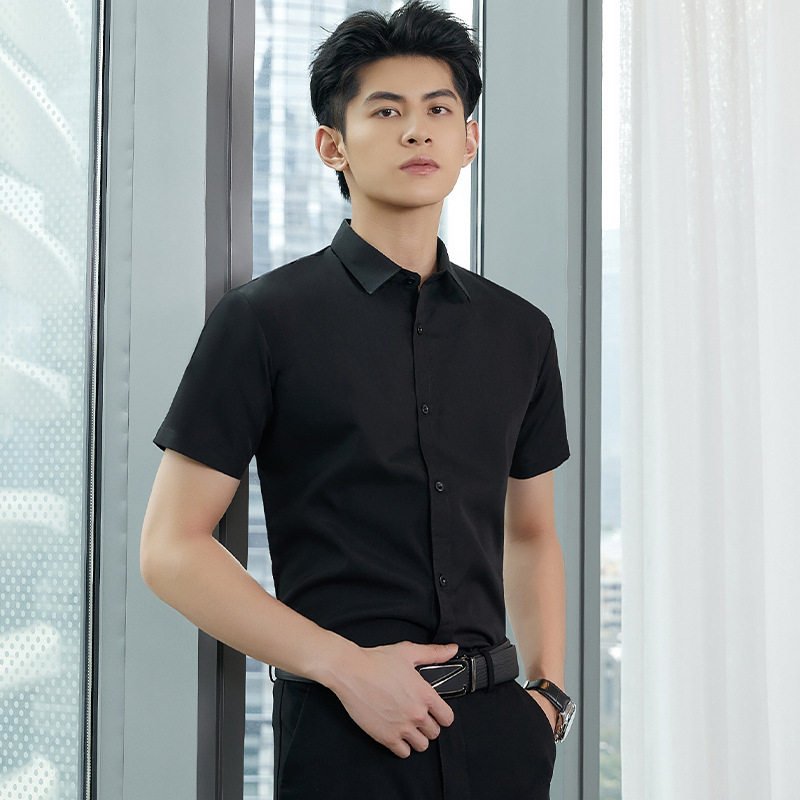 黑衬衫男士短袖商务休闲正装职业大码韩版修身西装工作服衬衣