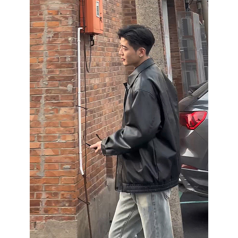 黑色男生皮衣外套美式复古高级感pu皮短款夹克痞帅机车棒球服