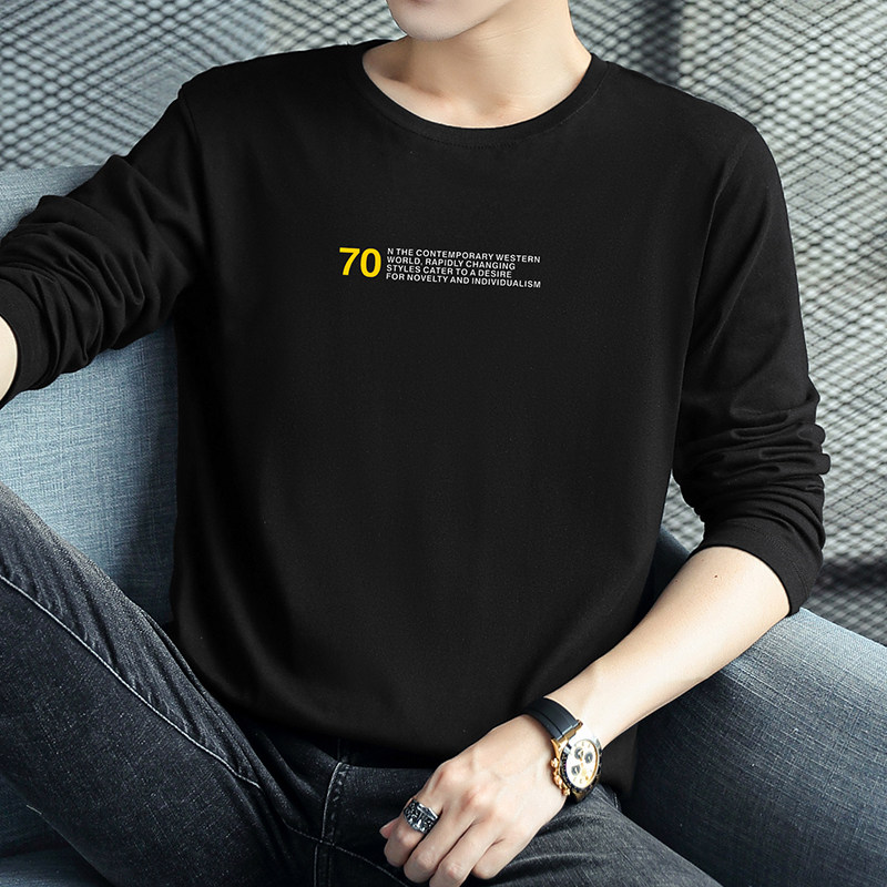 长袖t恤男潮流印花小衫秋季内搭打底衫圆领宽松黑色秋衣