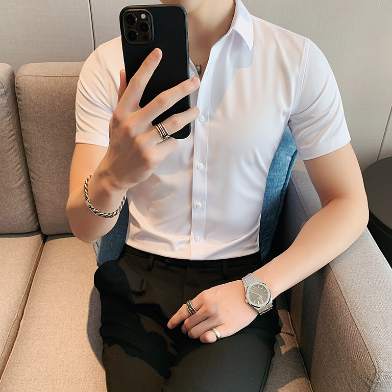 春夏衬衫男短袖修身英伦风商务免烫男士衬衣休闲高级白色正装寸衫