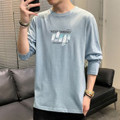 潮流休闲夏春秋款 2025春季 T恤印花宽松圆领韩版 长袖 纯色上衣 男士
