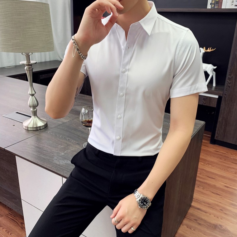 夏季短袖衬衫男韩版修身发型师男士白衬衣工作服潮流英伦休闲寸衫