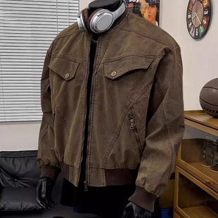 潮牌美式 cleanfit棕色廓形短款 春秋季 夹克男款 痞帅哈灵顿外套 工装