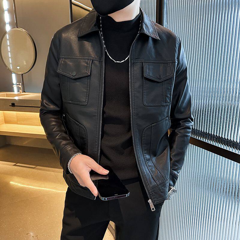 2026春秋季皮衣男款潮流修身高端机车皮夹克潮牌翻领帅气男士外套