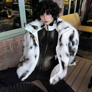 抗寒痞帅2024新款韩版狐狸豹纹加厚环保皮草男士秋冬保暖毛毛外套