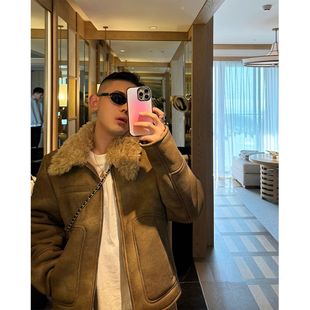 2024新款皮毛一体机车羊羔毛加厚保暖外套男士冬季仿皮草潮流大衣