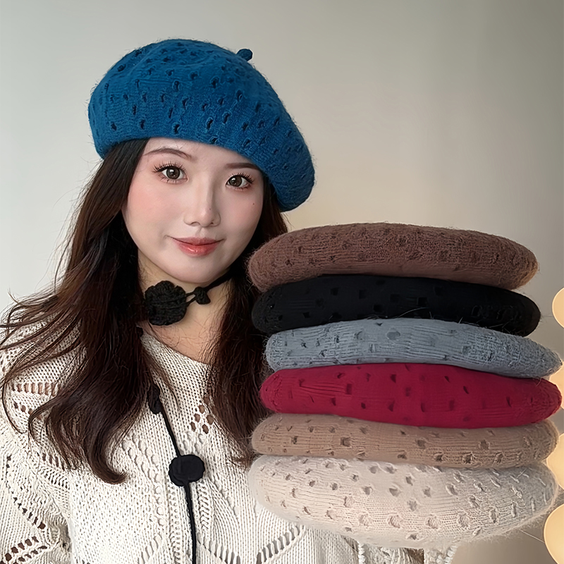 ［大头阿枝］秋冬纯色画家帽大头围镂空贝雷帽女小众韩系针织帽子