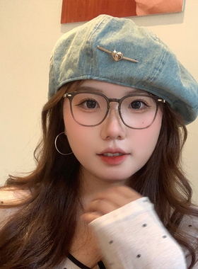 新款爱心锁扣辣妹风牛仔蓝色八角南瓜帽大头围休闲画家帽女贝雷帽