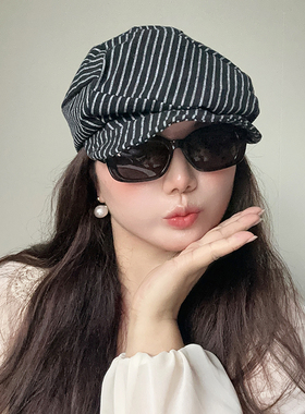 ［大头阿枝］2025新款翘檐贝雷帽女小众条纹画家帽褶皱两戴前进帽