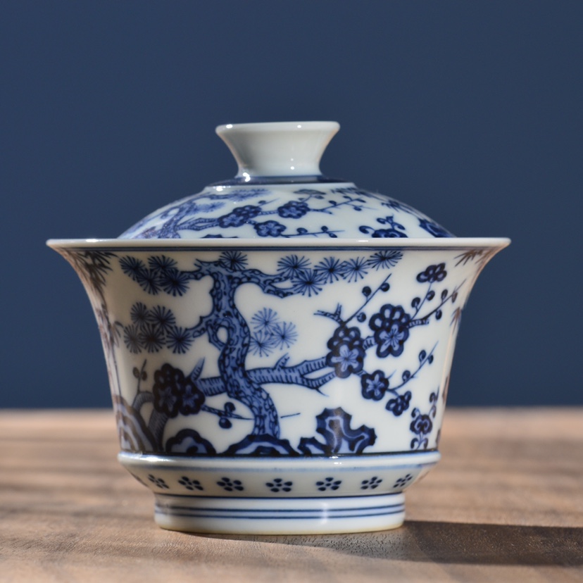 望月御品怀古手绘松竹梅马蹄盖碗景德镇手工陶瓷两才盖碗泡茶碗