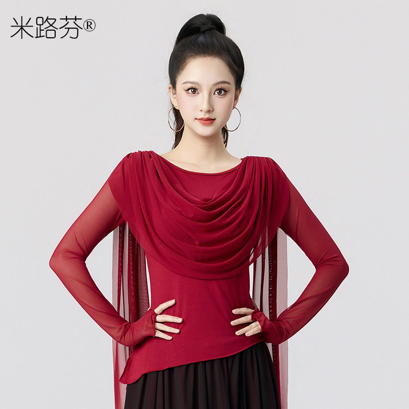 堆堆领弹力纱长袖上衣舞蹈形体训练古典舞摩登红色现代舞百搭上衣