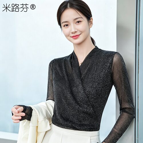 春秋款V领打底衫女小西装针织衫长袖上衣高弹内搭T恤可外穿网纱
