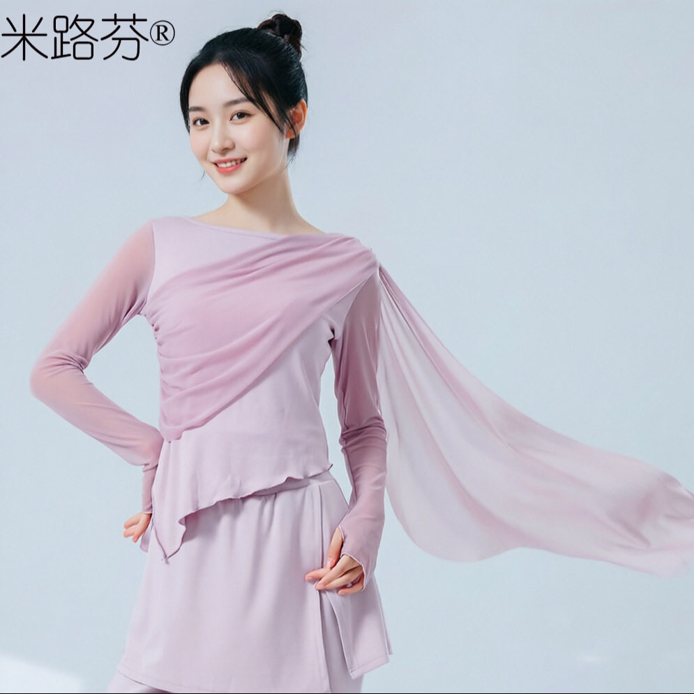 现代舞蹈服练功服女春秋新款身韵舞衣长袖修身上衣形体服跳舞中袖