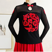 黑色长袖 跳舞国风祥云刺绣弹力上衣网纱广场舞蹈服跳舞演出服