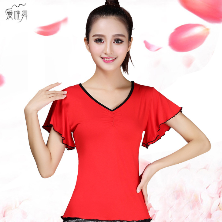 广场舞服 新款夏季拉丁舞服装短袖荷叶上衣女舞蹈练功服包邮