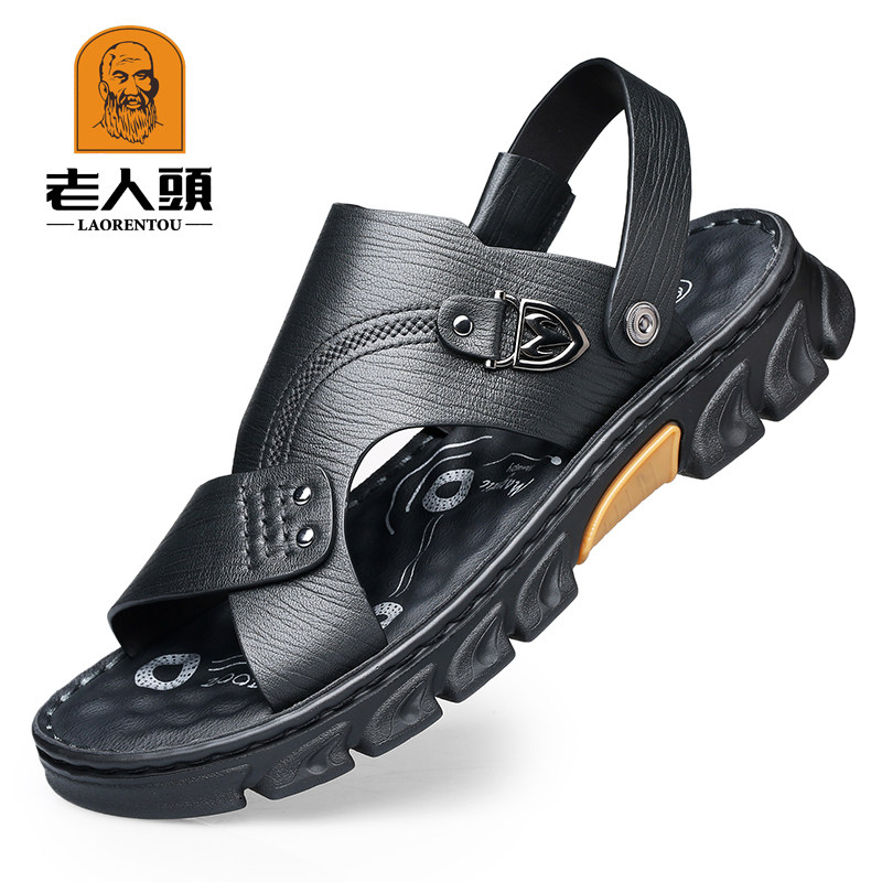 GENUINE OLD HEAD SANDALS MENS LEATHER CASUAL BEACH SHOES MENS THICK-SOLED NON-SLIP SANDALS AND SLIPPERS BREATHABLE MIDDLE-AGED DAD SHOES