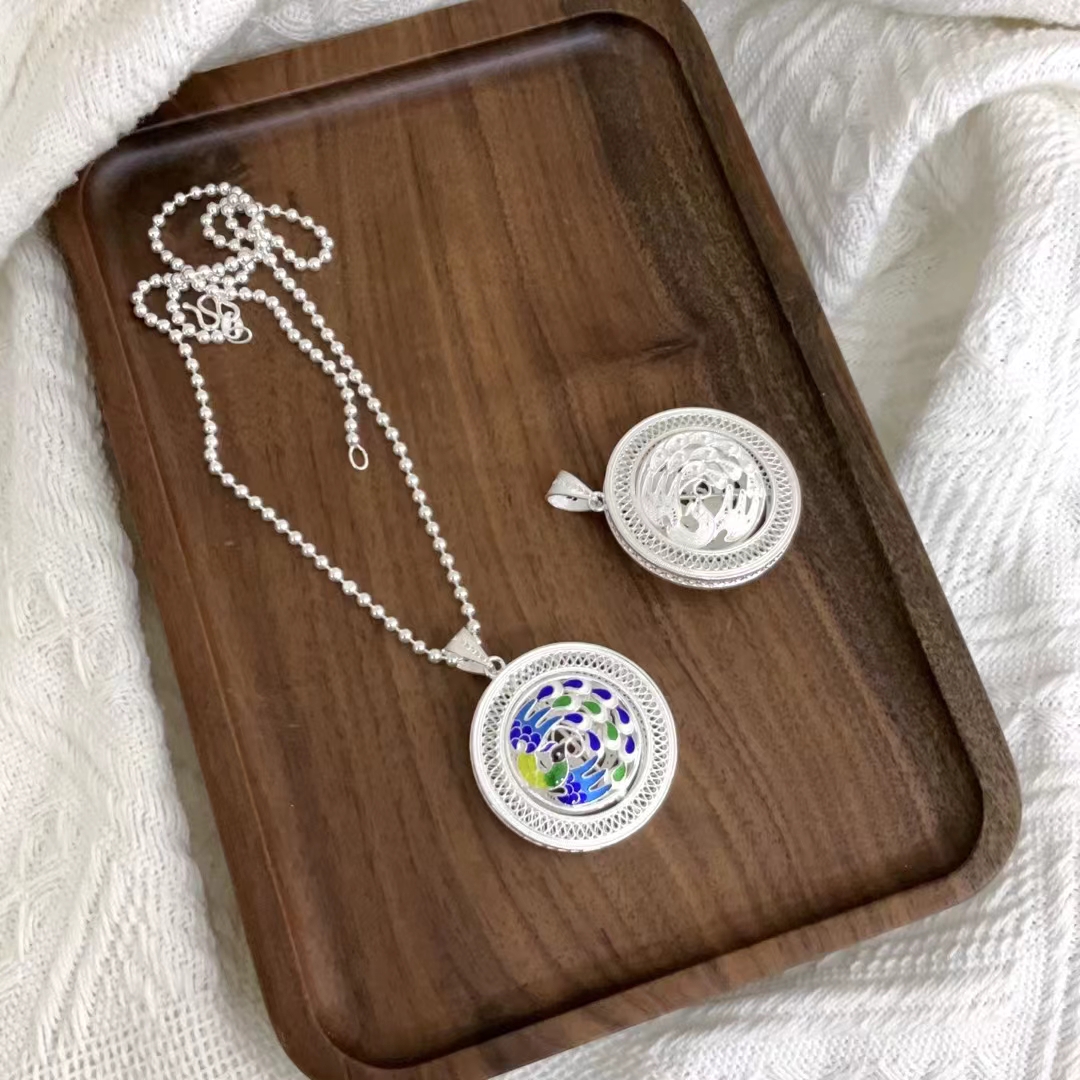 999纯银凤凰吊坠太阳鼓纯银吊坠坠子手工项链毛衣链送礼饰品