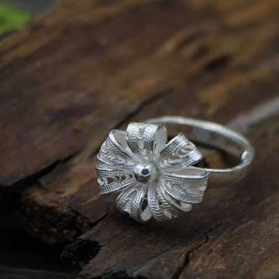 贵州银饰民族手工拉丝工艺999足银立体花朵纯银戒指