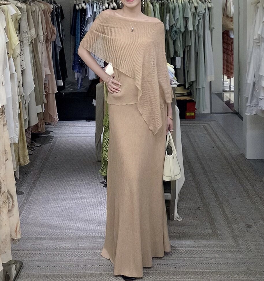 莱赛尔麻针织衫短袖一字肩上衣优雅气质两件套装a字脚踝长裙夏季
