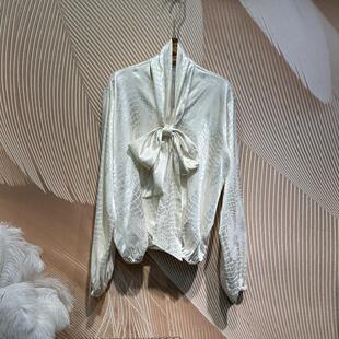 上衣女小衫 气质飘带压花纹缎面仿真丝醋酸衬衫 潮 法式 2025早春新款