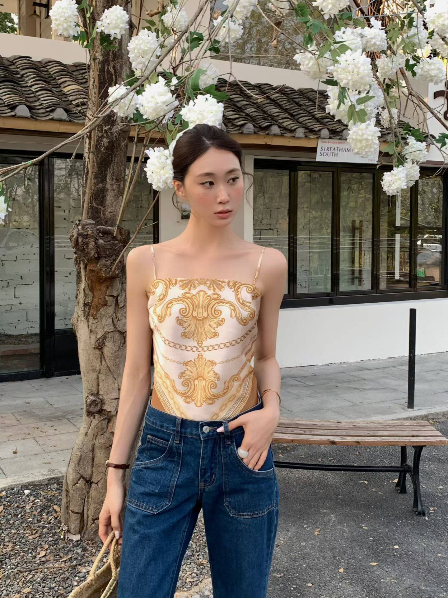 欧美复古印花抹胸美背裹胸内搭蝴蝶结肚兜女夏季吊带背心外穿上衣