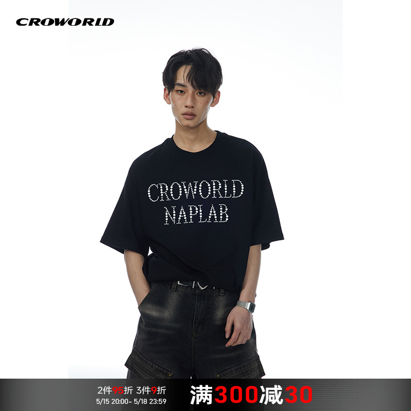 CROWORLD烫钻珍珠片重磅字母宽松短袖T恤圆领半袖上衣男女同款