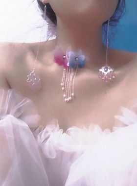 唯美超仙隐形鱼线薄纱蝴蝶花颈链女短款锁骨链脖子饰品项圈颈带