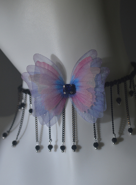 原创小众款黑色水晶项圈蝴蝶结小水晶脖子链子项链流苏锁骨链超仙