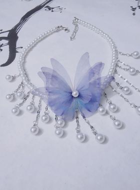 精致纯手工品珍珠白金流苏项链锁骨气质美脖显瘦颈链蝴蝶结项链