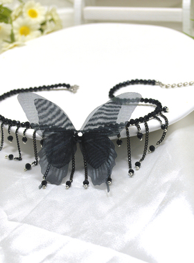 暗黑系蝴蝶饰品小尖黑晶珠流苏项链仙羽翅膀冷淡黑幽灵森系脖子链