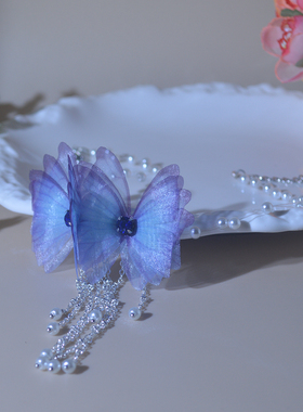 高级设计感小众双蝴蝶鱼线珍珠流苏项圈短款脖子唯美脖颈甜美项链