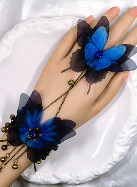 森系仙气蝴蝶蕾丝铃铛手链戒指一体套装舞蹈表演小众设计复古旗袍