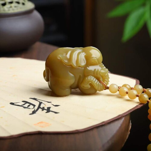 天然和田玉玉器工厂店龙新疆且末料老料满糖色大象@手把件送证书
