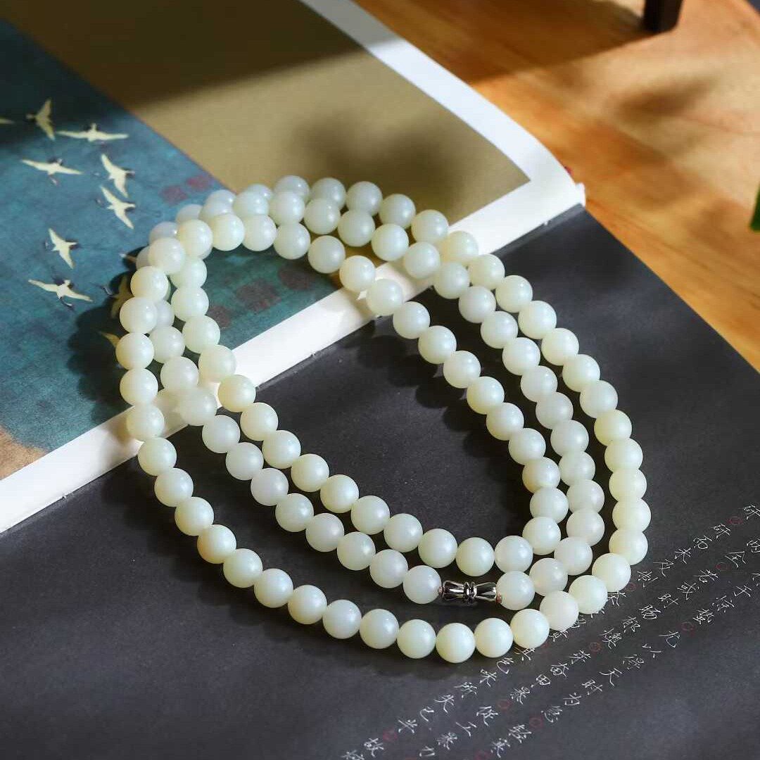 玉器工艺品天然新疆和田玉米达料羊脂级白玉108珠链女款项链附证