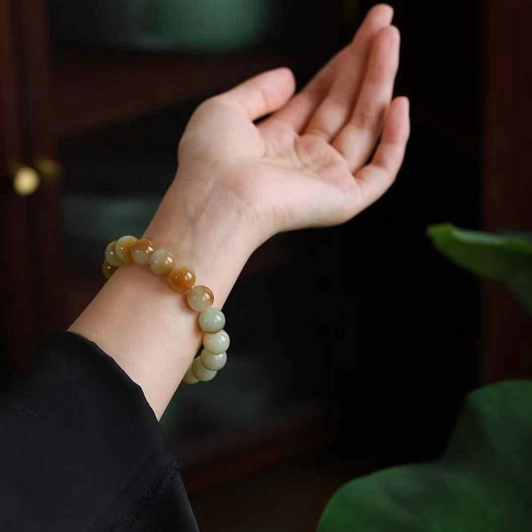 玉器工艺品天然和田玉新疆且末料老料俏糖色珠圆玉润手串男女手串