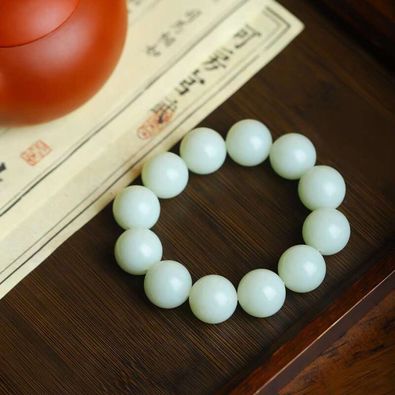 玉器工艺品天然新疆和田玉俄料老料青白玉珠圆玉润手串男式玉手串