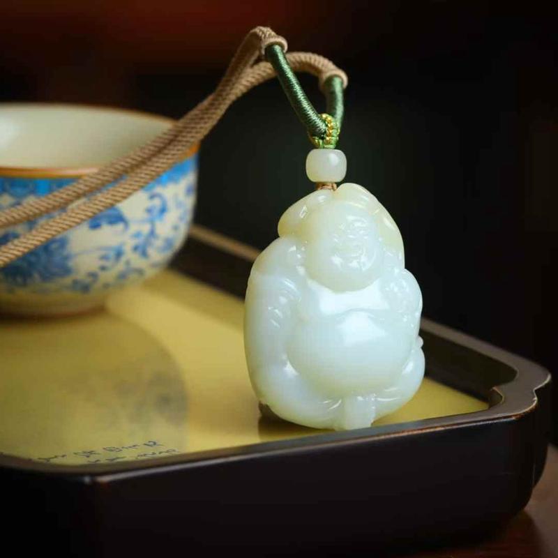玉器工艺品天然新疆和田玉俄料老料飘糖色如意弥勒佛吊坠女款挂坠